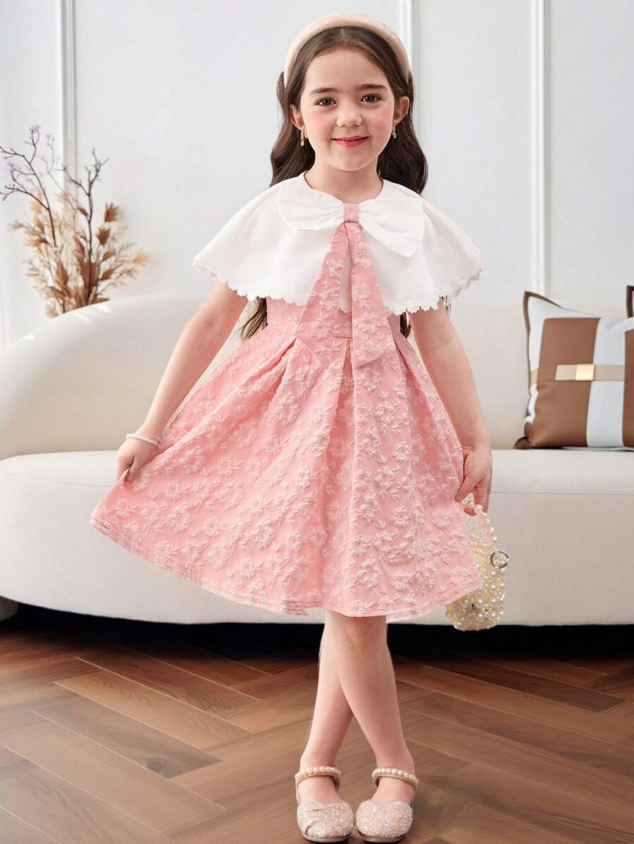 SHEIN Young Girl Color-Block Large Lapels Patchwork Floral Jacquard Bowknot Decor Midi Dress, Shawl Neck, Ruffle Cake Dress, Flower Girl, Cute & Elegant & Sweet & Vintage & Fashionable. Mom And Daughter & Sisters Matching, Family Vacation, Daily Wear, Home Family Gatherings And Special Occasions, Sibling Outfits, Gorgeous Princess, Party Wear, For Birthdays, Spring/Summer. - Pink - View 1