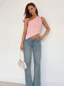 Roylia Women's Casual Loose Asymmetrical Hollow-Out One Shoulder Lightweight Knit Tops, Spring/Summer