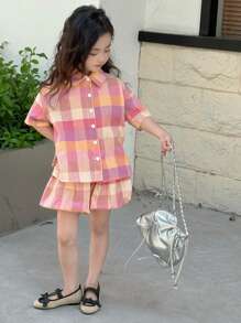Dazy Kids 2 pièces/Set Chemise à manches courtes boutonnée à carreaux et short assorti pour jeune fille, tenues d'été pour filles