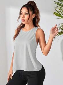 SHEIN Sports Áo ba lỗ thể thao lưng chéo màu trơn cho nữ - Xám - Xem 4