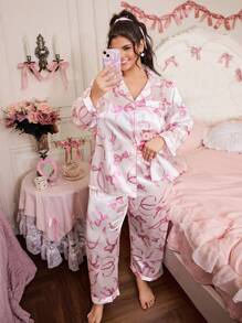 Slumberry CURVE Plus Size Women Bow Sweet Top & Pants Sleepwear Pajama Set, Fall Winter Clothes, Cozy Outfit - Multicolor - View 3