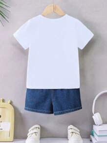 Baby Boy Casual Fashionable Comfortable Minimalist Letter Slogan Print Short Sleeve Round Neck T-Shirt, Summer Dad's Baby Clothes