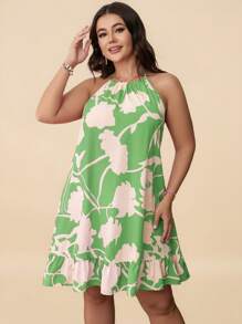 Travachic Plus Floral Print Ruffle Hem Halter Summer Dress - Green - View 4