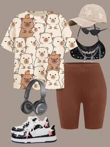 SHEIN Set de 2 piezas con camiseta de manga corta holgada y shorts con estampado tierno de capibara en color Mellard, adecuado para adolescentes y verano