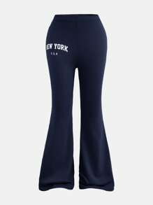 SHEIN Girlism 2pcs Tween Girls Casual Minimalist Letter Print Loose Fit Short Sleeve T-Shirt And Flare Pants Set - Navy Blue - View 8