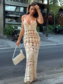 Bonvoyette 女式夏季新款纯色优雅性感露背度假沙滩钩针镂空蕾丝针织罩衫