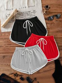 Tseoso 3 件套女士休闲罗纹面料撞色饰边短裤，适合夏季运动，休闲舒适 - 彩色 - 查看 5