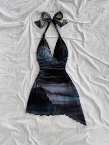 SHEIN Tall CURVE Sexy, vintage Farbverlauf-Halfter-V-Ausschnitt-Schnürkleid mit Mesh-Raffung und asymmetrischem Saum, romantisches Urlaubskleid für Damen im Sommer