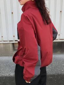 FRIFUL Women's Contrast Color Patchwork Loose Casual Jacket With Drawstring Hem, Graduation/Holiday/Beach Wear