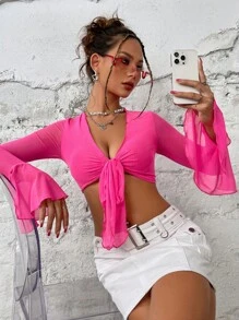 SHEIN Unity Dopamine Dressing Flounce Sleeve Knot Front Crop Top - Hot Pink - View 1