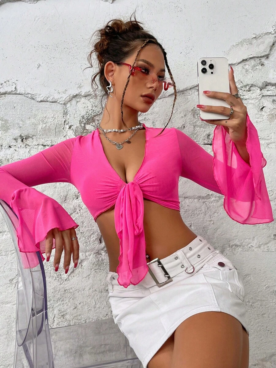 SHEIN Unity Dopamine Dressing Flounce Sleeve Knot Front Crop Top - Hot Pink - View 1