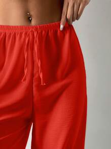 EURMUSE Solid Elastic Waist Wide Leg Trousers - Orange - View 5