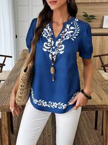 SHEIN LUNE Blusa de mujer casual de manga corta con escote en forma de ojo de cerradura y estampado gráfico, para el verano