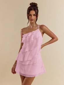 SHEIN BAE 夏季海滩度假纯色杏色分层荷叶蛋糕迷你连衣裙，适合日常约会、夜间外出、夜总会、派对、聚会、鸡尾酒会、泳池派对、返校季服装、学校季连衣裙、节日连衣裙、音乐节服装、乡村音乐节服装、演唱会服装 - 淺粉色 - 查看 7