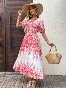 SHEIN LUNE Vacation Outfits Woman Floral Print Mid-Length V-Neck Short Sleeve Dress, Long Dress - Multicolor - View 7