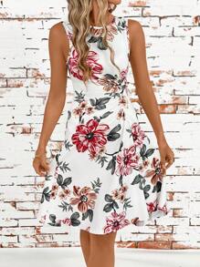 SHEIN Clasi 夏季优雅花朵印花女士舒适圆领无袖褶皱腰修身连衣裙 - 彩色 - 查看 4