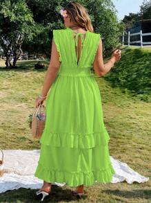 Franclia Plus Size Women Elegant Solid Color Ruffle Hem Tie Strap Dress