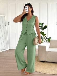 SHEIN Frenchy 2件套加大码纯色无袖V领背心和长裤套装 - 薄荷綠 - 查看 4