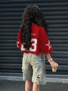 SHEIN EZwear 女士休闲V领宽松短款5/6袖网眼T恤，适合夏季运动，数字23和星星印花，透气 - 彩色 - 查看 2