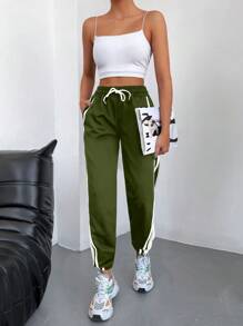 EURMUSE 95% Cotton Striped Side Drawstring Waist Sweatpants - Green - View 6