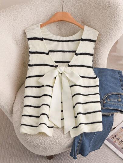 CosyJoli Plus Size Women Striped Knotted Front Casual Knit Vest In Fall/Winter