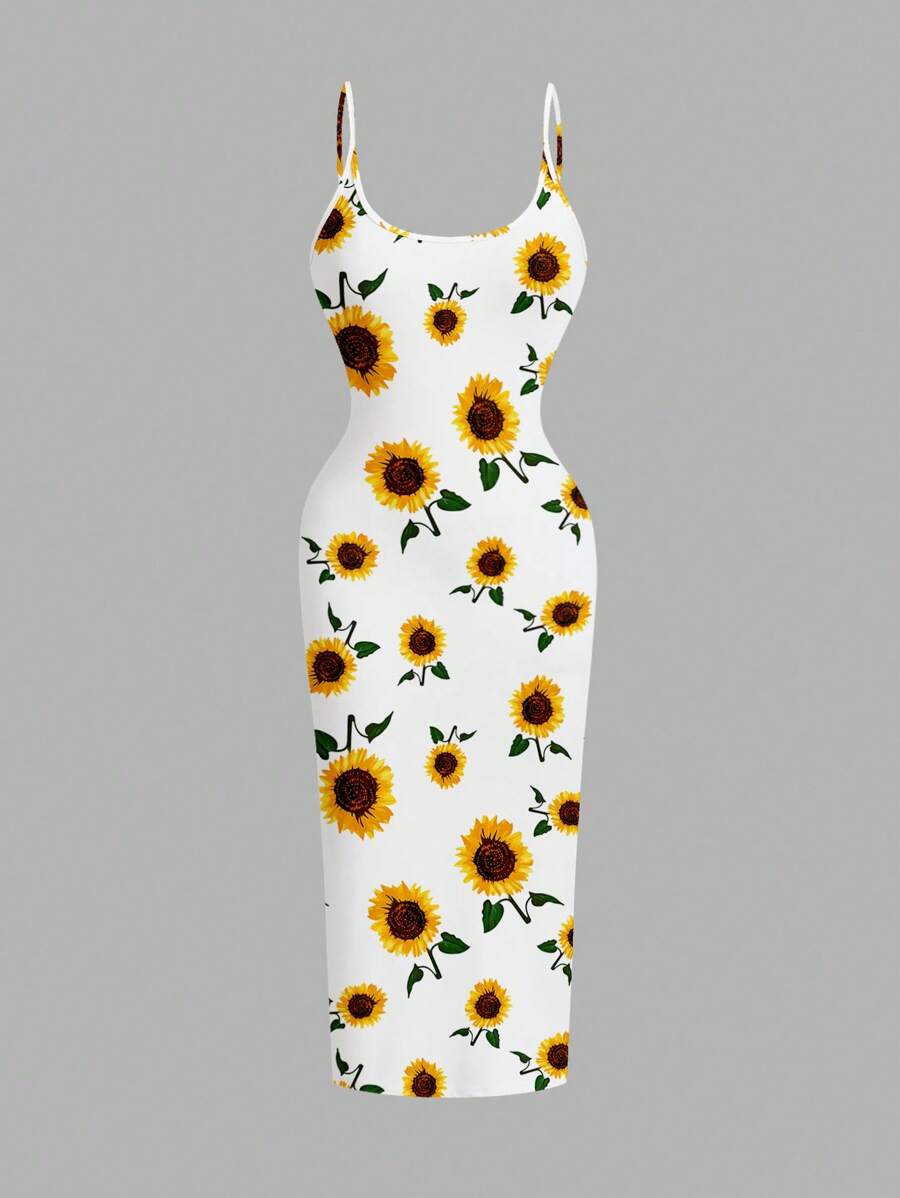 SHEIN EZwear Casual Minimalist Slim-Fit Sleeveless Maxi Dress, Sunflower Print, Suitable For Summer,Springbreak ,Brunch-Ready Summer Dresses For Women Boho Suitable For Going Out Chic Dress - Multicolor - View 1