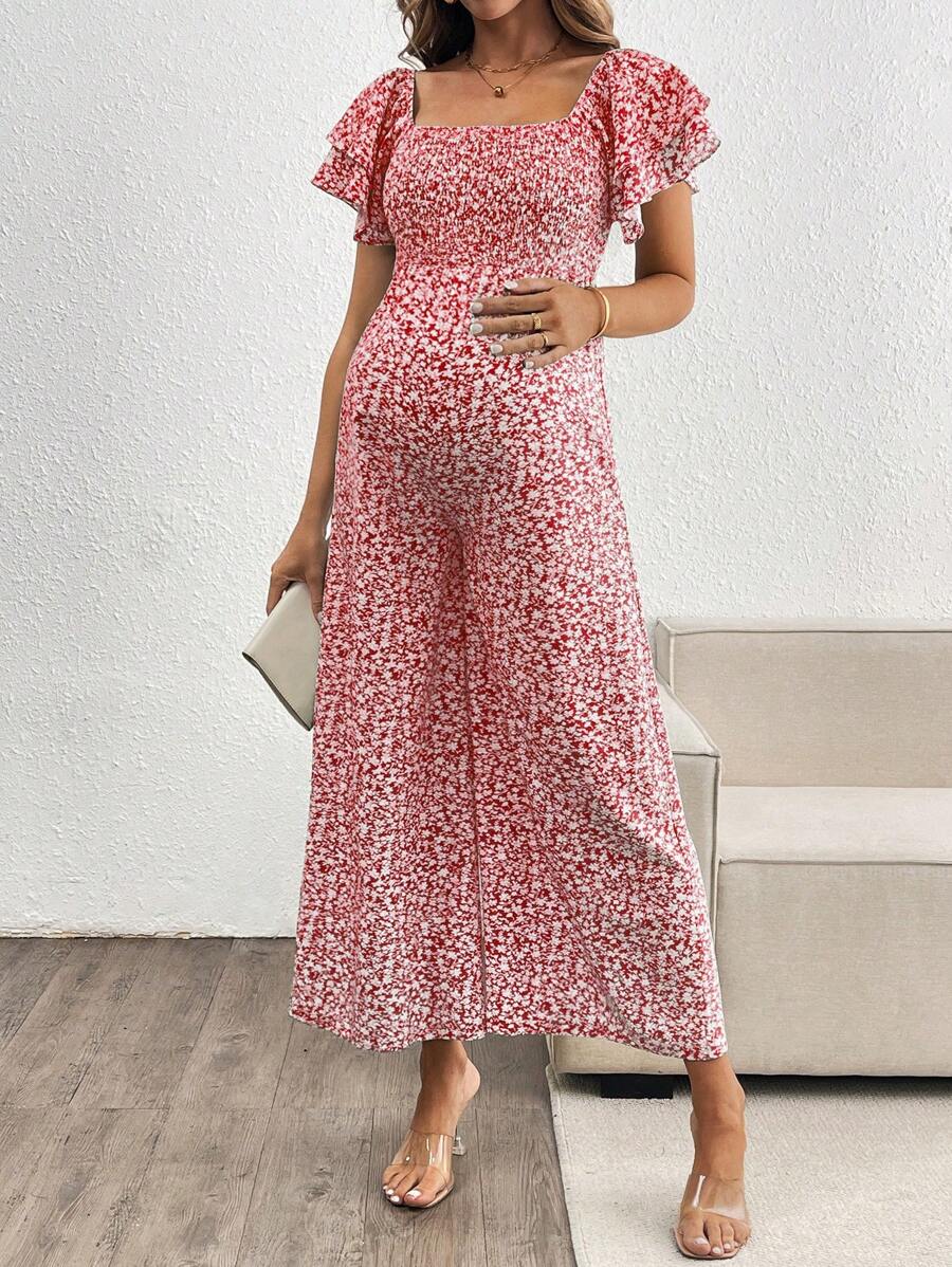 SHEIN Maternity Ditsy Floral Shirred Ruffle Short Sleeve Jumpsuit - Pink - View 1