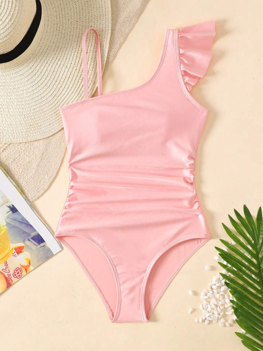 SHEIN Leap Crew Tween Girls Asymmetrical Ruffle Trim One Piece Swimsuit - Baby Pink - View 1