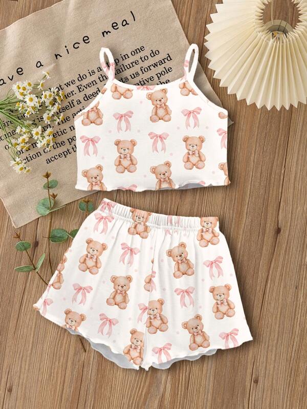 SHEIN LMoss Kids Set de pijamale pentru fete preadolescente, cu ursuleț de desene animate și fundă, casual, slim fit, cu top și pantaloni scurți, potrivit pentru vară