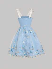 Young Girl Suspender Dress With 3D Bow Decor, Mesh Embroidered, Stylish Summer Tea Party Vacation Outfit - Multicolor - View 2