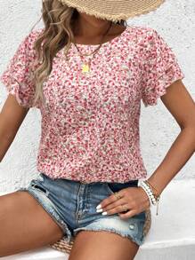 EMERY ROSE Women's Vacation Ditsy Floral Double Layer Ruffle Cap Sleeve Blouse
