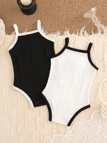 2pcs/Set Baby Girls' Fashion Elegant Black & White Bodysuit - Black and White - View 3