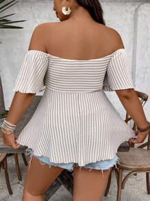 SHEIN VCAY Vintage Plus Size Casual Holiday Spring/Summer Beachside Boho Jacquard Striped Off-Shoulder Drawstring Colorful T-Shirt, Mother Day, Vacation Woman, Rave Off The Shoulder Summer Tops - Beige - View 3