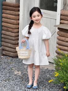 SHEIN Young Girls Apricot Puff Sleeve Round Neck Dress - White - View 1