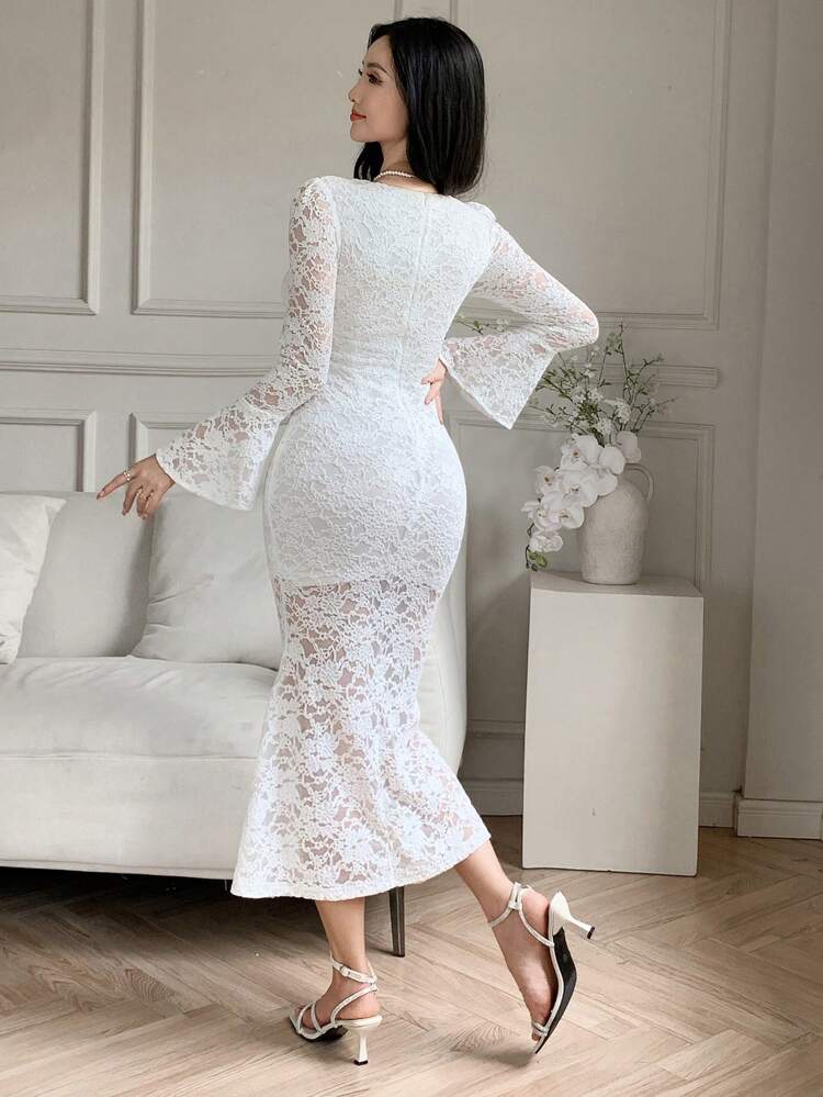 Patchwork Lace Bell-Sleeve Wrap Mermaid White Maxi Dress For Women,Fall Dress Long Sleeve Dress