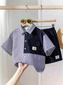 2pcs/Set Young Boys Comfortable Casual Loose Fit Korean Fashion Stylish Striped Shirt And Contrast Color Shorts Set, Suitable For Daily Wear, Sports, Outing, School, Parties, Festivals, Photoshoot, Back To School Season, Spring/Summer