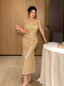 DAZY Vestido midi dorado con hombros descubiertos, ajustado y con lentejuelas, con abertura alta, para fiestas y bodas. Vestido dorado de verano para graduación, vestido de lujo para baile de graduación, vestido elegante para mujeres, vestido de Año Nuevo, vestido brillante para carnaval. - Dorado - Ver 4