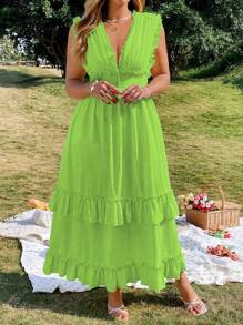 Franclia Plus Size Women Elegant Solid Color Ruffle Hem Tie Strap Dress