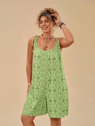 Travachic Macacão Casual Estampado Floral Vermelho com Alça de Amarrar e Solto para Mulheres Plus Size