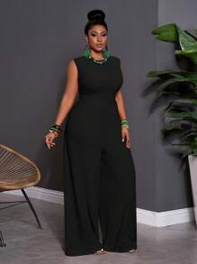 Slaydiva 早春大码女式纯色无袖连体裤 - 黑色 - 查看 6