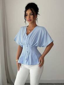 Elenzga Summer Raglan Sleeve Blue & White Striped Slim Fit Beach Shirt