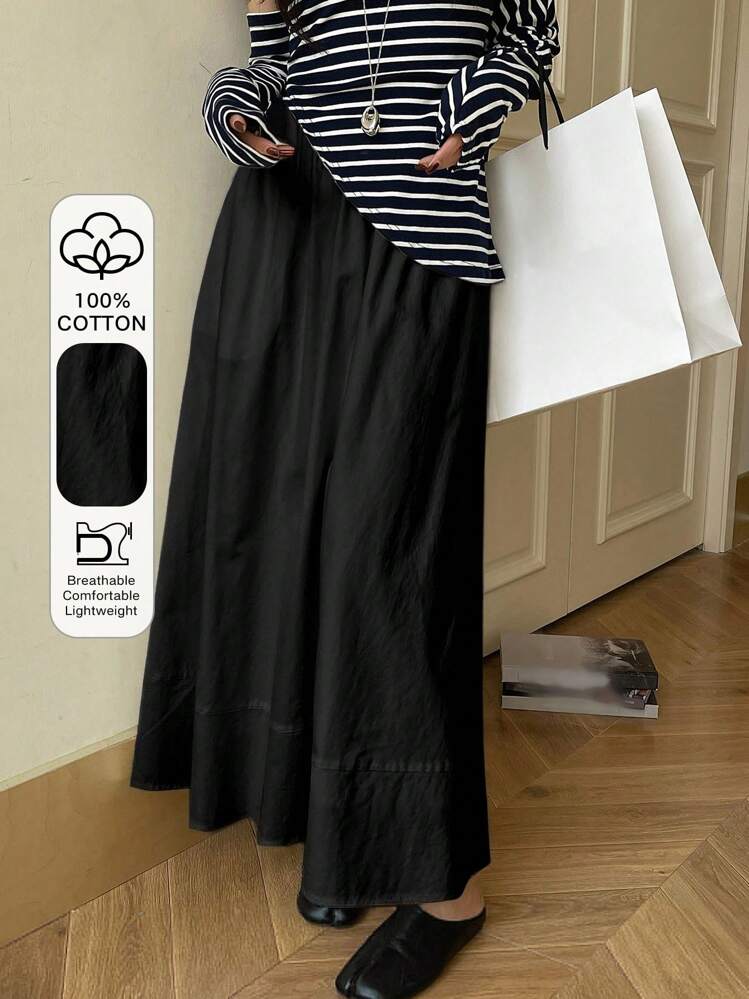 DAZY Saia Longa Casual com Cintura Elástica Lisa, Saias de Outono - Preto - Visão 1