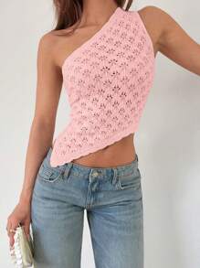 Roylia Women's Casual Loose Asymmetrical Hollow-Out One Shoulder Lightweight Knit Tops, Spring/Summer