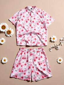 Manfinity Roghcode Men's Cartoon Print Short Sleeve Shirt And Shorts Casual Suit - Multicolor - View 1