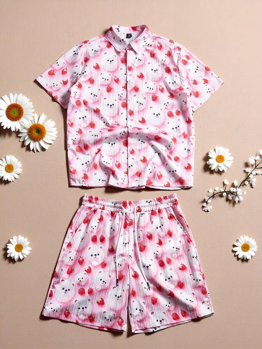 Manfinity Roghcode Men's Cartoon Print Short Sleeve Shirt And Shorts Casual Suit - Multicolor - View 1