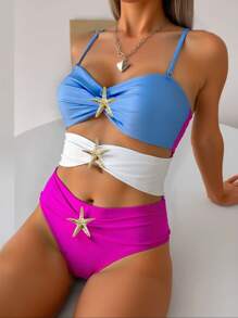 SHEIN Swim 1pc Women's Fashion Metal Accent Cutout Two-Tone Swimsuit, Elegant For Party And Vacation For Summer - Multicolor - View 3