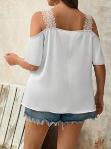 SHEIN LUNE Camicia a scollo a V con pizzo applicato e spalle scoperte per taglie forti, stile elegante adatto per lavoro e uso all'aperto, top estivo