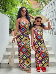 青少年女孩热带休闲时尚度假紧身钩针印花连衣裙母子装（2 件单独出售） - 彩色 - 查看 7