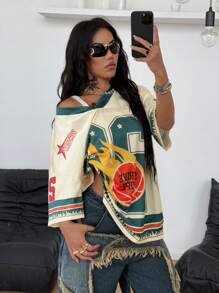 Coolane 女式夏季音乐会狂欢街头服饰复古 Y2K 数字图案超大 V 领 T 恤、针织 T 恤