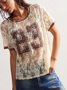 Bohemela Blusa da donna casual estiva in stile boho, con motivo a uncinetto color tinta unita, collo rotondo, manica corta, aderente